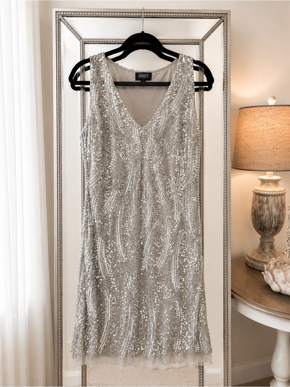 Adrianna Papell Silver Sequin V-Neck Cocktail Dress